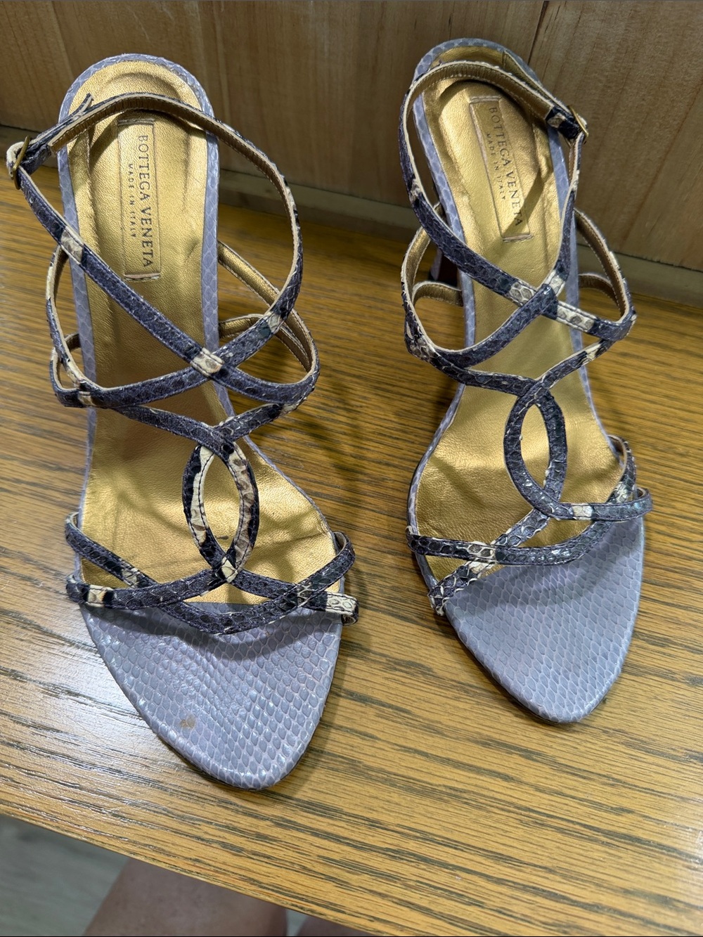 Bottega Veneta Lavender Snake-Effect Strappy Heels